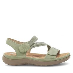 Sandały Rieker. Zielone sandały Rieker, bez wzorów, bez obcasa, na płaskiej podeszwie, bez zapięcia. Za 309.99 zł.