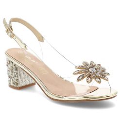 Sandały damskie S. Barski, na zdobionym obcasie z kwiatem transparentne i na sprzączkę, złote, MR51-002. Żółte sandały S.BARSKI, z aplikacjami, ze skóry, bez obcasa, na obcasie, bez zapięcia. Za 149.00 zł.
