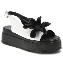 Sandały damskie Filippo, cholewka ze skóry duża ozdobna aplikacja kwiatowa kontrastowa kolorystyka gruba lekka podeszwa, białe, DS7629/26. Białe sandały Filippo, z aplikacjami, ze skóry, bez obcasa, na platformie, bez zapięcia. Za 179.00 zł.