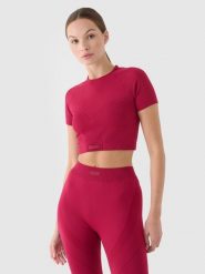 4F Crop top treningowy slim szybkoschnący damski - czerwony M/L. Czerwone koszulki sportowe 4f, bez wzorów, z dzianiny, bez ramiączek, na fitness i siłownię. W wyprzedaży za 39.99 zł.
