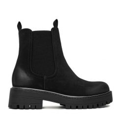 Sztyblety JENNY. Czarne botki Jenny, bez wzorów, bez obcasa, na płaskiej podeszwie, bez zapięcia. Za 159.99 zł.
