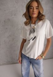 Biały Bawełniany T-shirt Hillswor Ozdobiony Apaszką. Białe t-shirty Renee, l, bez wzorów, z bawełny, bez kołnierzyka, bez ramiączek. Za 69.99 zł.