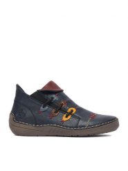 Rieker Botki CEO-72581-14 Granatowy. Niebieskie botki Rieker, bez wzorów, ze skóry, bez obcasa, na płaskiej podeszwie, bez zapięcia. Za 349.99 zł.