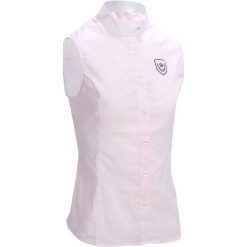 Koszula bez rękawów jeździecka na zawody damska. Białe koszule OKKSO, bez wzorów, z materiału, eleganckie, bez kołnierzyka, bez ramiączek. Za 119.99 zł.
