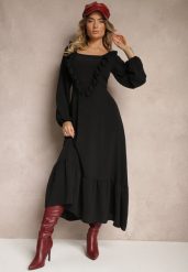 Czarna Sukienka Ozdobiona Falbanami o Rozkloszowanym Kroju Alleira. Czarne sukienki Renee, na co dzień, z aplikacjami, eleganckie, bez kołnierzyka, bez ramiączek, maxi, proste. Za 69.99 zł.