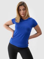 4F T-shirt slim z nadrukiem damski - niebieski XS. Niebieskie t-shirty 4f, xs, bez wzorów, z bawełny, bez kołnierzyka, bez ramiączek. W wyprzedaży za 39.99 zł.