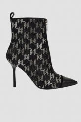 KARL LAGERFELD Czarne skórzane botki na szpilce Ankle Boot Monogram. Czarne botki KARL LAGERFELD, bez wzorów, bez obcasa, na szpilce, bez zapięcia. W wyprzedaży za 849.99 zł.