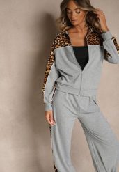 Szary Komplet Dresowy z Panterkowymi Wstawkami Bluza i Spodnie Wide Leg Redrie. Szare bluzy Renee, l, z aplikacjami, z dresówki, bez kaptura. Za 79.99 zł.