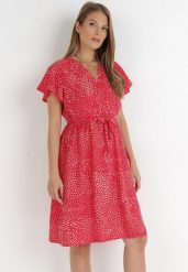 Czerwona Sukienka Kepherine. Czerwone sukienki Born2be, l, bez wzorów, z materiału, bez kołnierzyka, bez ramiączek, mini, kopertowe. Za 54.99 zł.