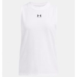 Tank top treningowy damski Under Armour Rival Muscle Tank. Białe koszulki sportowe Under Armour, bez wzorów, bez ramiączek. Za 84.99 zł.