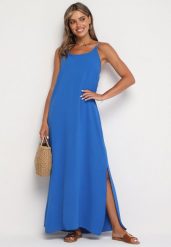 Niebieska Taliowana Sukienka na Ramiączkach Rivaniell. Niebieskie sukienki Born2be, na co dzień, bez wzorów, z jeansu, eleganckie, bez kołnierzyka, bez ramiączek, maxi, oversize. Za 64.99 zł.
