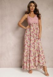 Różowa Rozkloszowana Sukienka Maxi z Wiskozy w Kwiatowy Print na Ramiączkach Roisintia. Czerwone sukienki Renee, s, bez wzorów, z wiskozy, bez kołnierzyka, bez ramiączek, maxi, rozkloszowane. Za 34.99 zł.