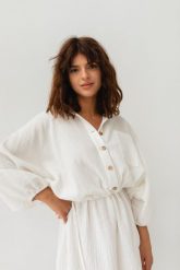Sukienka typu kimono z muślinu w kolorze ecru - SAVANNAH ECRU-M/L. Brązowe sukienki Marsala, na co dzień, na lato, l, bez wzorów, z bawełny, bez kołnierzyka, bez ramiączek, dopasowane. Za 279.90 zł.