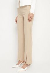 Beżowe Eleganckie Spodnie z Wiskozą i Wysokim Stanem Tatilira. Brązowe spodnie materiałowe Born2be, na co dzień, l, bez wzorów, z jeansu, z podwyższonym stanem. Za 99.99 zł.