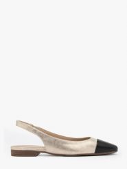 Platynowe baleriny typu slingback z czarnym noskiem. Szare baleriny Ryłko, bez wzorów, z gumy, z okrągłym noskiem, bez obcasa, na płaskiej podeszwie. W wyprzedaży za 239.99 zł.