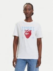 Tommy Jeans T-Shirt Strawberry DW0DW20894 Biały Relaxed Fit. Białe t-shirty Tommy Jeans, xxs, bez wzorów, z bawełny, bez kołnierzyka, bez ramiączek. Za 199.99 zł.