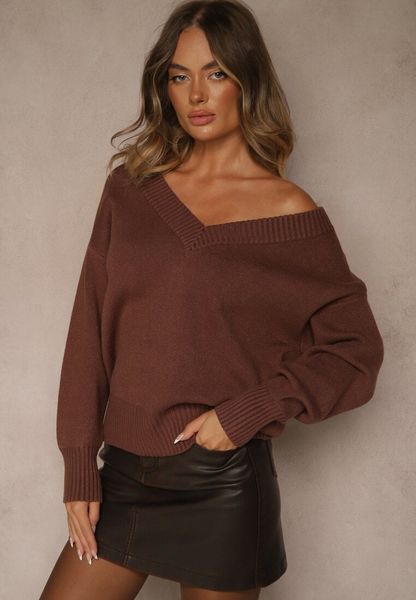 Brązowy Sweter z Kaszmirem i Trójkątnym Dekoltem Plenne. Brązowe swetry Renee, bez wzorów, z kaszmiru, bez ramiączek. Za 139.99 zł.