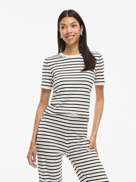 Vila Koszulka "Vilipsa" w kolorze biało-czarnym rozmiar: S. Białe bluzki Vila, s, bez wzorów, bez kołnierzyka, bez ramiączek. Za 56.93 zł.