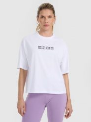 4F T-shirt oversize z nadrukiem damski - biały M. Białe t-shirty 4f, m, bez wzorów, bez kołnierzyka, bez ramiączek. Za 59.99 zł.