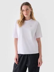 4F T-shirt oversize z nadrukiem damski - biały XL. Białe t-shirty 4f, xl, bez wzorów, z bawełny, bez kołnierzyka, bez ramiączek. W wyprzedaży za 29.99 zł.