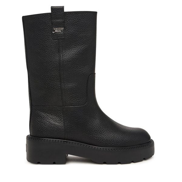 Kozaki Tommy Jeans. Czarne kozaki Tommy Jeans, z jeansu, bez obcasa, na płaskiej podeszwie, bez zapięcia. Za 799.99 zł.