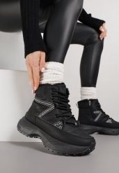 Czarne Sportowe Śniegowce Chunky na Platformie Ishweda. Czarne obuwie sportowe Renee, z jeansu, bez zapięcia. Za 99.99 zł.