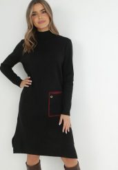Czarna Sukienka Dzianinowa z Golfem i Dużą Kieszenią Taniya. Czarne sukienki Born2be, do pracy, na jesień, l, bez wzorów, z dzianiny, biznesowe, bez kołnierzyka, bez ramiączek, midi, dopasowane. Za 139.99 zł.