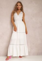 Biała Sukienka Corisis. Białe sukienki Renee, m, w ażurowe wzory, bez kołnierzyka, bez ramiączek, maxi, kopertowe. Za 74.99 zł.
