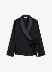 Bluzka kopertowa. Czarne bluzki bonprix, bez wzorów, z satyny, bez kołnierzyka, bez ramiączek. Za 149.99 zł.