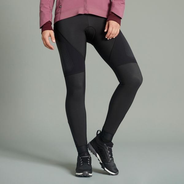 Spodnie rowerowe MTB damskie Rockrider zimowe. Czarne spodnie sportowe ROCKRIDER, na zimę, l, bez wzorów, z elastanu, rowerowe. W wyprzedaży za 119.99 zł.