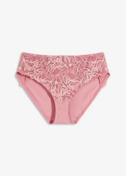 Figi maxi z delikatną koronką. Fioletowe figi bonprix, bez wzorów, z koronki. Za 27.99 zł.