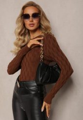 Ciemnobrązowy Sweter z Okrągłym Dekoltem i Tłoczeniami w Kształcie Liści Timaphone. Brązowe swetry Renee, z aplikacjami, bez ramiączek. Za 54.99 zł.