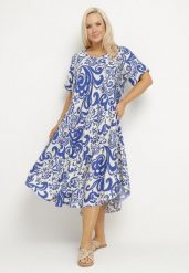Niebieska Rozkloszowana Sukienka z Wiskozy z Geometrycznym Wzorem Emisova. Niebieskie sukienki Born2be, na co dzień, xl, bez wzorów, z wiskozy, eleganckie, bez kołnierzyka, bez ramiączek, midi, rozkloszowane. Za 74.99 zł.