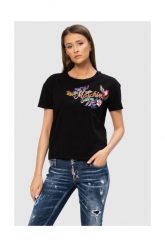 MOSCHINO Czarny t-shirt damski z logo i kwiatami, Rozmiar XS. Czarne t-shirty MOSCHINO, s, bez wzorów, prążkowane, bez kołnierzyka, bez ramiączek. W wyprzedaży za 259.99 zł.