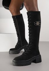 Czarne Kozaki Vices z Imitacji Zamszu w Stylu Grunge ze Sznurowaną Cholewką i Platformą Laurotte. Czarne kozaki Renee, z jeansu, bez obcasa, na platformie, bez zapięcia. Za 189.99 zł.