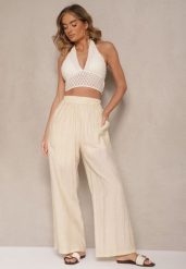 Jasnobeżowe Wiskozowe Spodnie Palazzo High Waist z Lnem Linaselia. Brązowe spodnie materiałowe Renee, na co dzień, m, bez wzorów, z jeansu, z podwyższonym stanem. Za 64.99 zł.