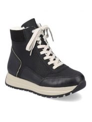 Rieker Botki N4008-00 Czarny. Czarne botki Rieker, bez wzorów, z materiału, bez obcasa, na płaskiej podeszwie, bez zapięcia. Za 265.99 zł.