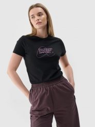 4F T-shirt slim z nadrukiem damski - czarny M. Czarne t-shirty 4f, m, bez wzorów, z bawełny, bez kołnierzyka, bez ramiączek. W wyprzedaży za 29.99 zł.