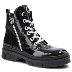 Botki damskie Nessi, naturalna skóra licowa z lakierowanym wykończeniem sznurowaną cholewką bocznym zamkiem i masywną podeszwą, czarne, 21108. Czarne botki Nessi, na zimę, bez wzorów, ze skóry, bez obcasa, bez zapięcia. Za 309.00 zł.