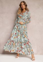 Miętowa Rozkoszowana Sukienka Maxi z Falbankami i Gumką w Talii Leezasa. Zielone sukienki Renee, na imprezę, l, bez wzorów, eleganckie, bez kołnierzyka, bez ramiączek, maxi. Za 109.99 zł.