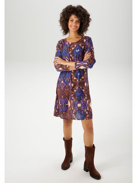 Aniston Sukienka w kolorze niebiesko-fioletowo-jasnobrązowym rozmiar: 42. Niebieskie sukienki Aniston, na co dzień, bez wzorów, bez kołnierzyka, bez ramiączek, midi, proste. Za 86.99 zł.