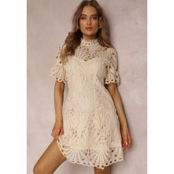 Beżowa Sukienka Aeryse. Brązowe sukienki Renee, m, z aplikacjami, z koronki, bez kołnierzyka, bez ramiączek, mini. Za 134.99 zł.