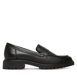 Lordsy Tamaris. Czarne lordsy Tamaris, bez wzorów, bez obcasa, bez zapięcia. Za 299.99 zł.