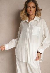 Biała Koszula Oversize w Klasycznym Stylu z Kieszonką Liozira. Białe koszule Renee, l, bez wzorów, biznesowe, bez kołnierzyka, bez ramiączek. W wyprzedaży za 87.99 zł.