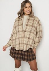 Beżowa Koszula Oversize w Kratę z Przedłużonym Tyłem Sulicella. Brązowe koszule Born2be, bez wzorów, z dzianiny, klasyczne, bez kołnierzyka, bez ramiączek. Za 69.99 zł.
