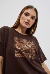 Bluza z nadrukiem ciemnbrązowa. Bluzy MOODO, s, bez wzorów, z bawełny, bez kaptura. W wyprzedaży za 23.99 zł.