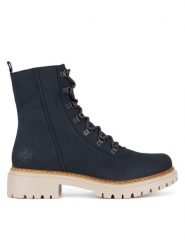 Rieker Trzewiki 72643-14 Niebieski. Niebieskie botki Rieker, bez wzorów, z materiału, bez obcasa, na płaskiej podeszwie, bez zapięcia. Za 265.99 zł.