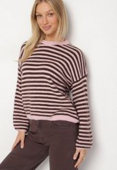 Różowy Sweter Oversize w Paski z Dodatkiem Wełny i Wiskozy Tianalla. Czerwone swetry Born2be, bez wzorów, z jeansu, bez ramiączek. Za 129.99 zł.