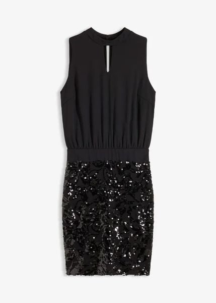 Sukienka midi zdobiona cekinami. Czarne sukienki bonprix, z aplikacjami, bez kołnierzyka, bez ramiączek, midi. Za 329.99 zł.