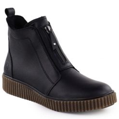Skórzane botki damskie na platformie czarne Rieker Y4354-00. Czarne botki Rieker, bez wzorów, ze skóry, bez obcasa, na platformie, bez zapięcia. Za 419.00 zł.